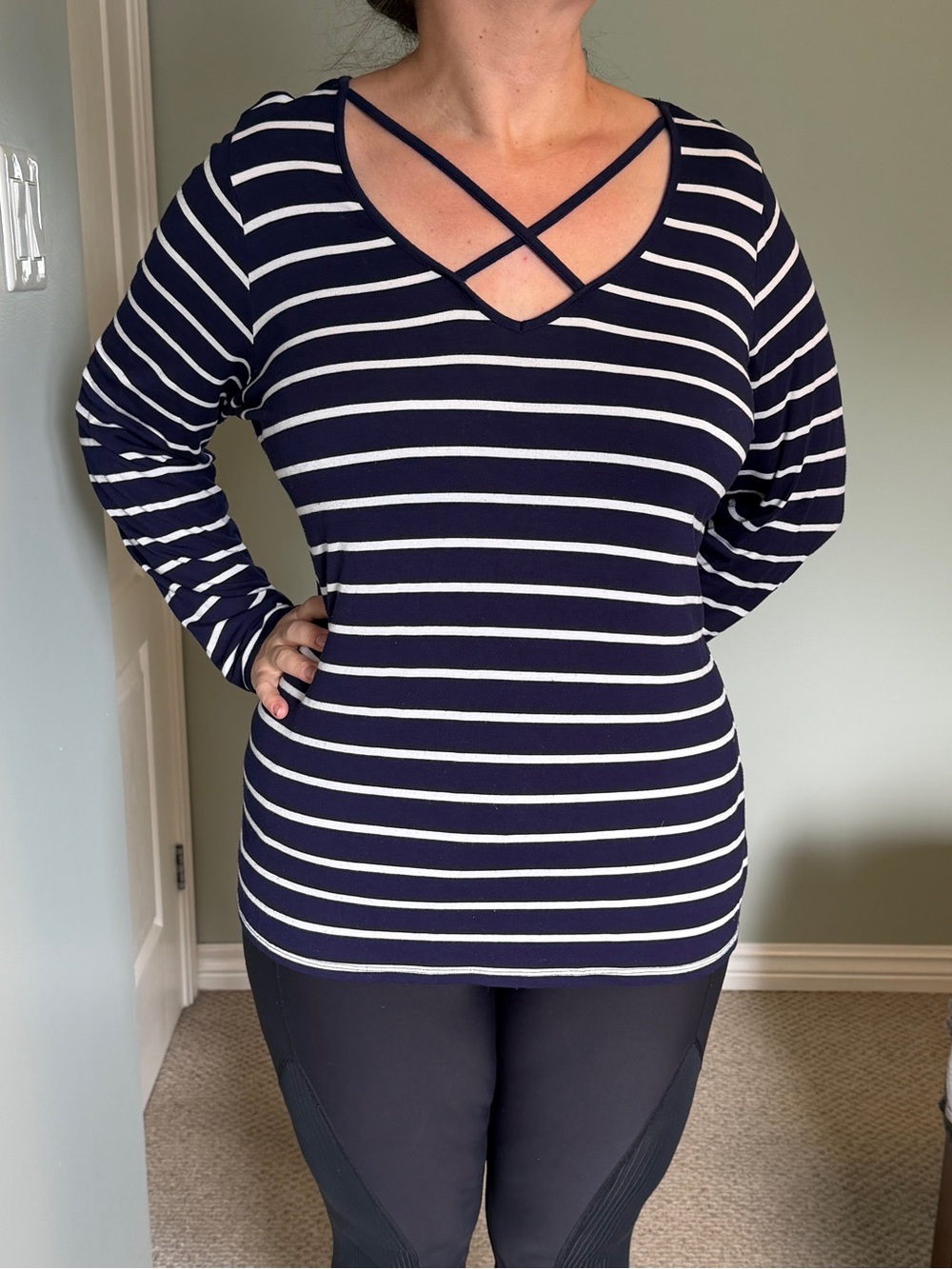 Addition Elle Navy and White Striped Long-Sleeve Top with Crisscross Detail